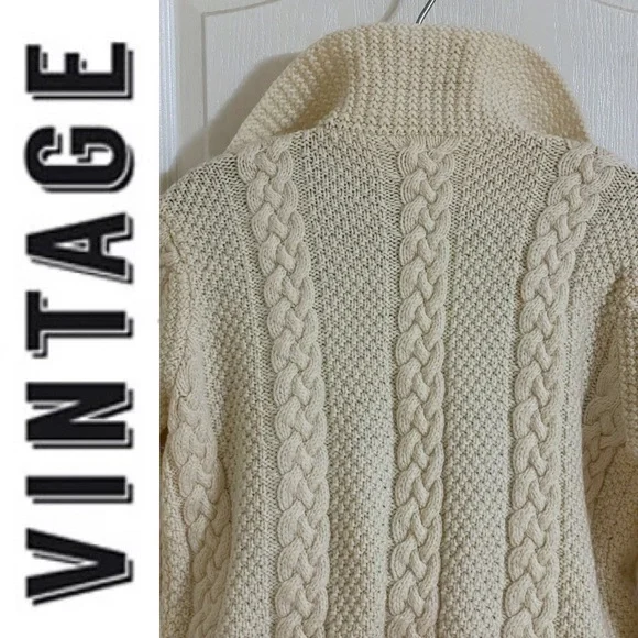 Hand knit Fishermen cable knit cream button-down cardigan chunky sweater - Picture 13 of 16